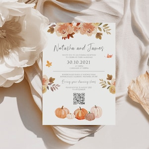 Pumpkin Wedding Invitations, Autumn Wedding Invitation, Fall Wedding Invites, Evening Reception Invite, Rustic Wedding Invites