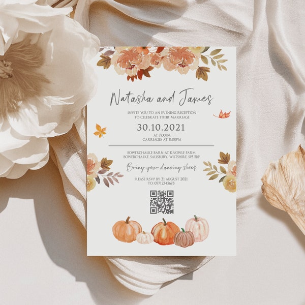 Pumpkin Wedding Invitations, Autumn Wedding Invitation, Fall Wedding Invites, Evening Reception Invite, Rustic Wedding Invites
