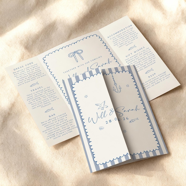 Hand Drawn Nautical Wedding Invitations, Blue Stripe Coastal Gatefold Invites