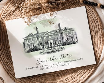 Boceto de lugar para guardar la fecha con acuarela, ilustración en blanco y negro, anuncio de boda personalizado.