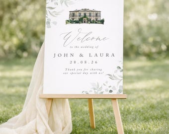 Wedding Welcome Sign with Venue Sketch, Eucalyptus Olive Greenery Printed Sign, Botanical Board