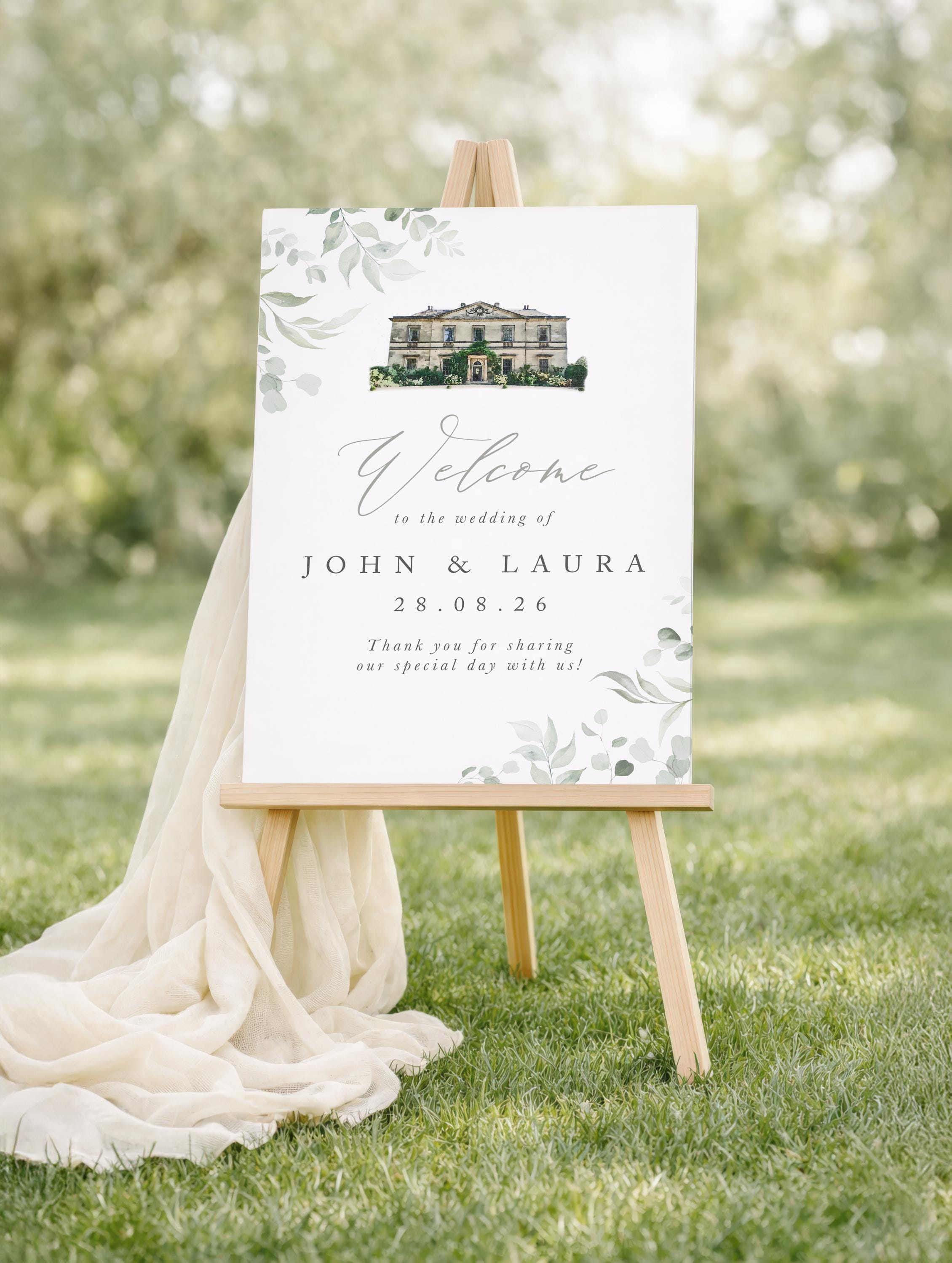 Wedding Welcome Sign With Venue Sketch, Eucalyptus Olive Greenery