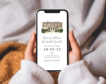 May include: A digital save the date announcement for a wedding. The announcement features a watercolor illustration of a stone house with a green lawn and a date of 28-05-25. The text reads "Naomi Adams & Richard Snell are getting married at Shilstone House. Please save our date. Invitation to follow."