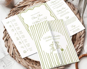 Sage Green Striped Gatefold Wedding Invitation | Elegant Whimsical Invite with Doodles