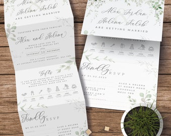 Trailing Greenery Wedding Invitation, Green Foliage Wedding Invitation, Sage Leaf Wedding Invites, Invite Set with RSVP and Timeline