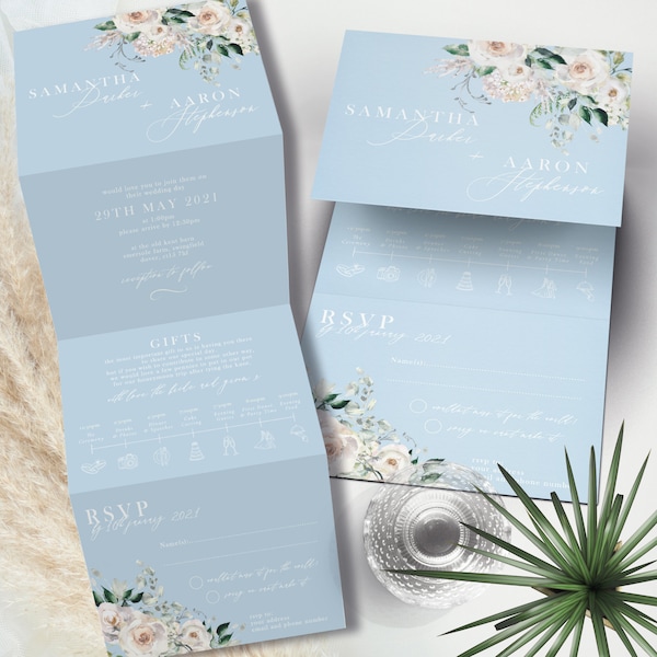 Dusty Blue Wedding Invitation, Blue Floral Wedding Invitations, Blue Wedding Invite Set, Tri Fold, Boho Wedding Invites, Invitation Set