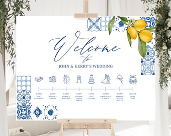 Mediterranean Tile Wedding Sign, Blue Tile Wedding Signs, Italian Tile Lemon Timeline, Blue Tiles Lemon Sign, Tuscan Italian, Santorini