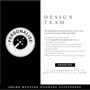 Może przedstawiać: Czarno-biała grafika ze słowem "Personalise" wok&oacute;ł ikony r&oacute;żdżki. Tekst brzmi "Design Team" i zawiera instrukcje dotyczące personalizacji przedmiot&oacute;w, w tym kontakt z design@theinviteshack.co.uk. Dolny tekst brzmi "Award Winning Wedding Stationery".