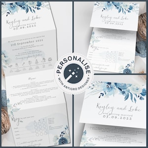 Moonlight Blue Wedding Invitations, Blue Floral Wedding Invitation, Tri Fold Wedding Invite, Wedding Invites Folded, with RSVP and Timeline