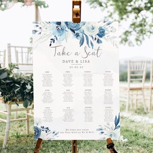 Plano de mesa para boda en azul claro de luna, plano de mesa para boda en azul polvoriento, plano de asientos en azul oscuro, plano de asientos en azul marino, acuarela, floral