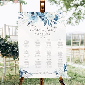 Moonlight Blue Wedding Table Plan, Dusty Blue Table Plan Wedding, Dusky Blue Seating Chart, Navy Seating Plan, Watercolor, Floral