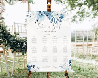 Moonlight Blue Wedding Table Plan, Dusty Blue Table Plan Wedding, Dusky Blue Seating Chart, Navy Seating Plan, Watercolor, Floral