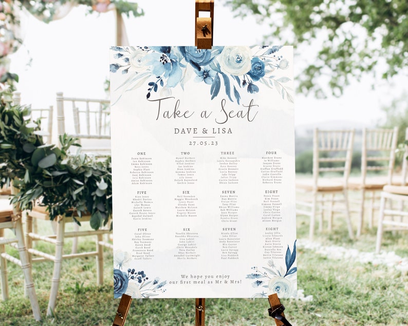 Moonlight Blue Wedding Table Plan, Dusty Blue Table Plan Wedding, Dusky Blue Seating Chart, Navy Seating Plan, Watercolor, Floral