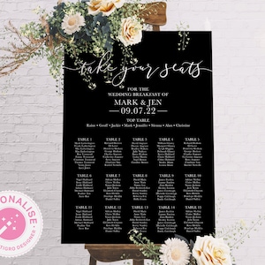 Schwarzes Hochzeitstischplan-Schild, minimalistisches Hochzeitsschild, groß, A1 / A2