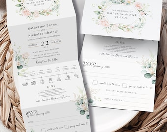 Könnte beinhalten: Hochzeitseinladungs-Set mit floralem Design in zarten Rosa- und Grüntönen. Die Einladung enthält die Namen "Katherine & Nick", das Datum "22.03.26" und RSVP-Details. Das Set wird auf einem weißen Teller und einem geflochtenen Platzset präsentiert.