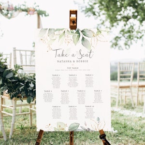 "Hochzeits-Tischplan ""Blattgold"", Salbeigrüner Sitzplan, Sitzplan für die Hochzeit, Willkommensschild für die Hochzeit, Finde deinen Platz, groß, bedruckt."
