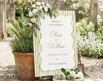 Sage Green Striped Wedding Welcome Sign, Garden Entrance Decor (Poster or Foamex)