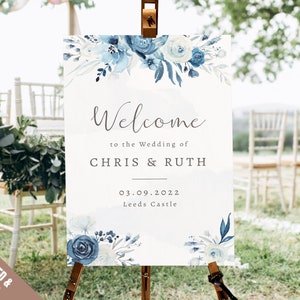 Moonlight Blue Wedding Welcome Sign, Dusty Blue Welcome Wedding Sign, Dusky Blue Welcome Signs, Watercolor, Floral