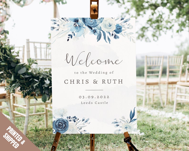 Moonlight Blue Wedding Welcome Sign, Dusty Blue Welcome Wedding Sign, Dusky Blue Welcome Signs, Watercolor, Floral