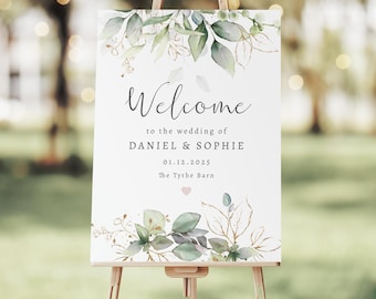 Gold Leaf Greenery Wedding Welcome Sign: Botanical Foliage