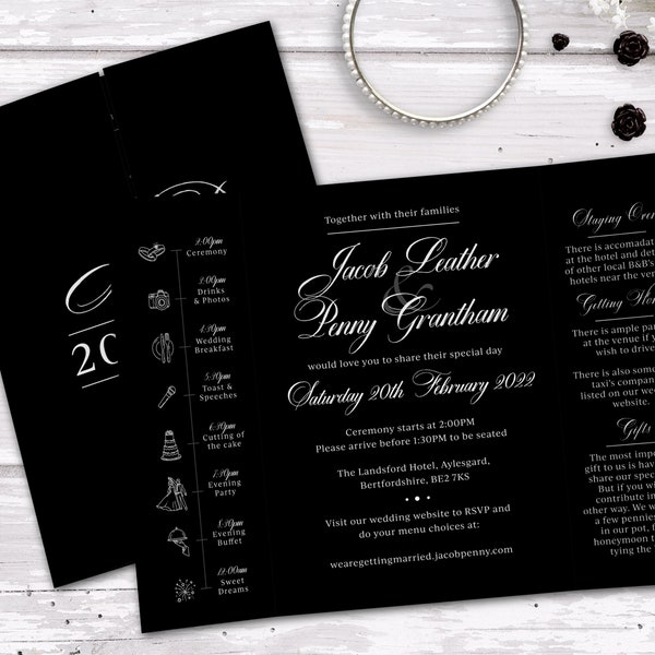 Black Wedding Invitation, Black Gatefold Wedding Invitations, Simple Wedding Invites, Timeline, All in One Wedding Invite, Black Tie