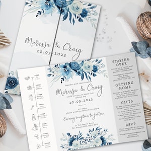 Navy Blue Wedding Invitation, Moonlight Blue Gatefold Wedding Invitations, Blue Floral Folded Wedding Invite, Timeline, Evening Invites