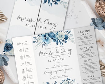 Navy Blue Wedding Invitation, Moonlight Blue Gatefold Wedding Invitations, Blue Floral Folded Wedding Invite, Timeline, Evening Invites