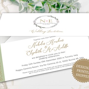 Salbei Kranz Bestimmungsort Einladungen, Gold Reise Hochzeitseinladung, im Ausland Hochzeit Reisekarten, Hochzeit Reisebrieftasche
