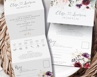 Elegant Burgundy Floral Wedding Invitation, Wine & Blush Botanicals, Folded Concertina