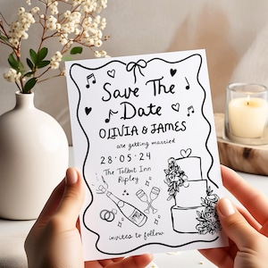手描きのSave the Date、落書きのSave the Dateウェディングカード、イラスト入りの楽しいSave the Date、落書き風Save the Date