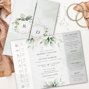 Botanical Wash Gatefold Wedding Invitations, Eucalyptus All in One Wedding Invite, Timeline Wedding Invites, Sage, Foliage