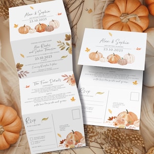 Autumn Wedding Invitations, Rustic Fall Wedding Invitation, Personalised Wedding Stationery, Boho Wedding Invites with Autumn Pumpkin Leaves