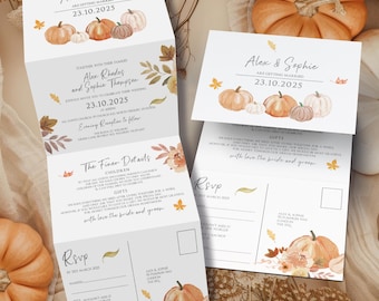 Rustieke herfsthuwelijksuitnodigingen: gepersonaliseerd boho-briefpapier voor de herfst met pompoen- en bladontwerp