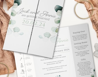 Simple Eucalyptus Leaf Wedding Invitation, Sage Green Wedding Invites, Foliage Wedding Invite with Timeline