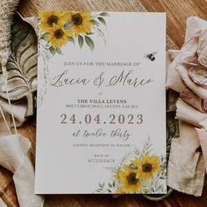 Rustikale Sonnenblumen-Hochzeitseinladung, Sonnenblumen-Hochzeits-Empfangs-Einladungen, Blumenhochzeit lädt ein, gelbe Hochzeit laden ein, Abendgäste