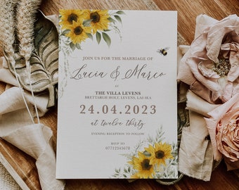 Rustic Sunflower Wedding Invitation, Sunflowers Wedding Invitations, Rustic Wedding Invites, Yellow Wedding Invite, Evening Invitation