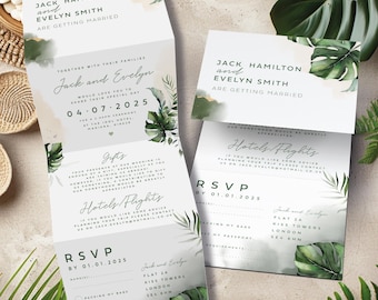 Tropisches Palmenblatt Hochzeitseinladung, Strand Hochzeit