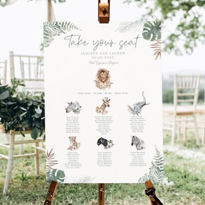 Animal Safari Wedding Seating Plan, Zoo Find your Seat Sign, Animal Table Plan, Jungle Wedding Sign, Leaves, Foliage, Green