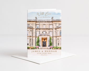 Personalised Luxury Wedding Card for Bride & Groom – Custom Venue Watercolour Painting Keepsake
