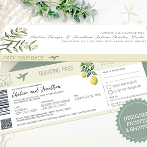 Zitrone Olive Zieleinladungen, Strandhochzeitseinladung, Hochzeitsreisetickets im Ausland, Hochzeitsreisebrieftasche