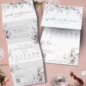Fliederfarbene Frühlingsmelodie Hochzeitseinladung, Blumen Hochzeitseinladungen, All in One Hochzeitseinladungen, mit optionalem QR Code