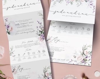 Lilac Spring Melody Wedding Invitation, Floral Wedding Invitations, All in One Wedding Invites, with optional QR Code