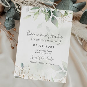 Blattgold Save the Date, grüne Hochzeit Save the Date Karte, Olive Aquarell Save the Dates