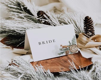 Rustic Pine Cone Wedding Place Cards – Woodland Winter Table Decor