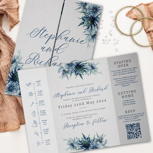 Blaue Distel Hochzeitseinladung, Schottische Hochzeitseinladung, Einzigartige Hochzeitseinladungen, Hochzeitseinladung mit Timeline und QR-Code