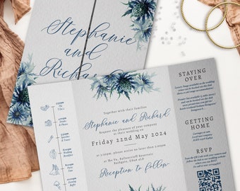 Blue Thistle Wedding Invitation, Scottish Gatefold Wedding Invitations, Unique Wedding Invites, Wedding Invite with Timeline and QR Code