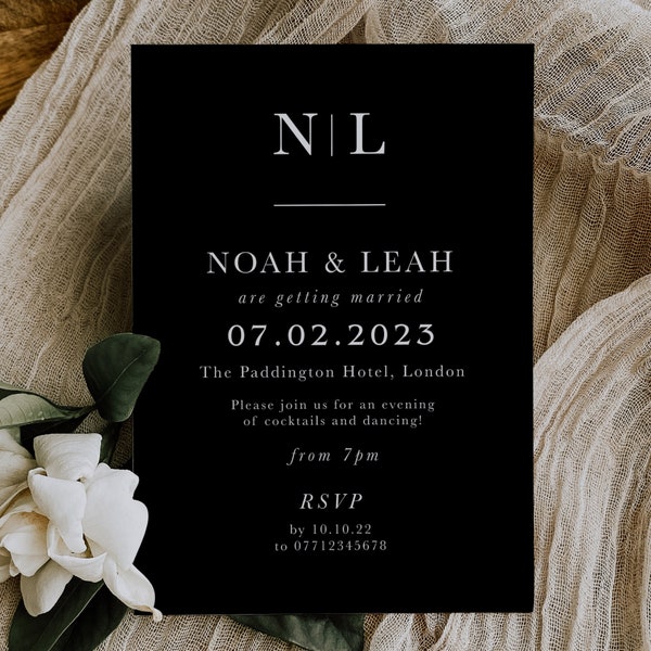 Black Simple Wedding Invitation, Black Minimalist Wedding Invitations, Modern Wedding Invites, Wedding Invitations Evening Reception