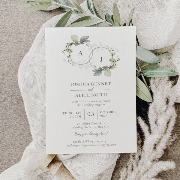 Greenery Wash Wedding Invitation, Eucalyptus Wedding Invitations, Sage Green Wedding Invites, Green Wedding Invite, Evening, Reception