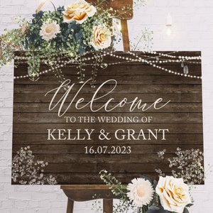 Cartello di benvenuto rustico per matrimonio, cartello di benvenuto per matrimonio in stile fienile effetto legno, decorazioni per matrimonio personalizzate, grande cartello per matrimonio