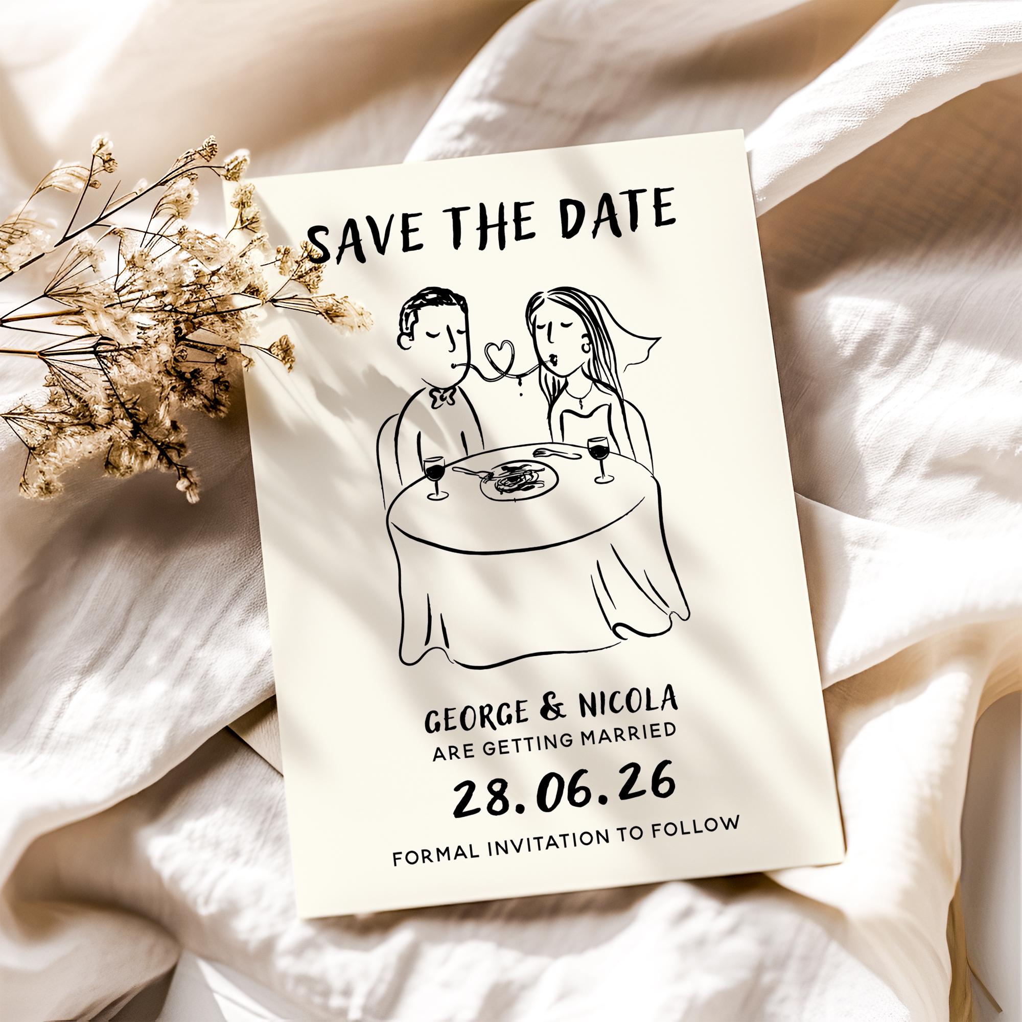 Handgezeichnete Save The Date Karte: Einzigartiges Hochzeitsdesign